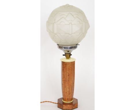 Unknown - A 1930s Art Deco birds eye maple table lamp with octagonal base with swollen octagonal column with ivorine discs be