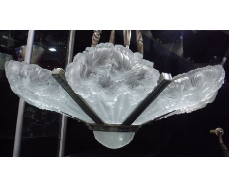 Unknown - An American polished and lacquered steel ceiling light fitting or plaffonier, decorated foliate style detail, the f