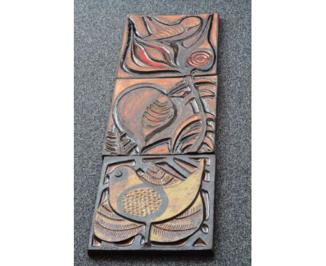 Noomi Backhausen - Soholm - A large post war three panel plaque each decorated in relief with a small bird perched upon a flo