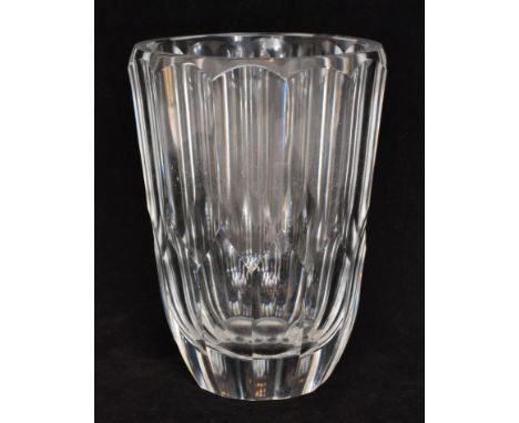 Simon Gate - Orrefors - A clear crystal barrel form vase with deep wall decorated with interlocking slice cut panels, engrave