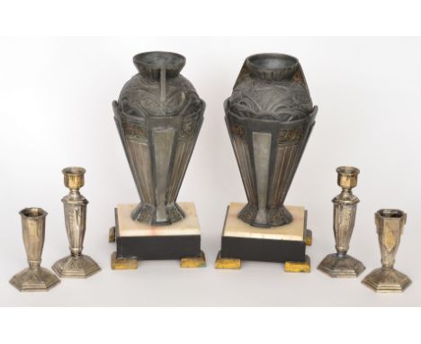 Unknown - A pair of spelter vases with square onyx bases and gilt metal bracket feet, height 30cm, together with two small pa
