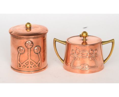 English School - A cylindrical copper string box with stylised flower decoration, together with a similar copper and brass co