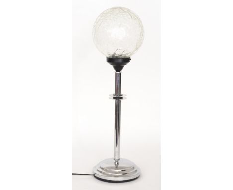 Unknown - An Art Deco style lamp with globe shaped crackle glaze glass lampshade above chrome pedestal base, height 66cm