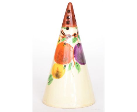 Wilkinson & Co - Pomona - A conical sugar sifter circa 1932 hand painted with a bough of fruit below a brown banded tip, Hone