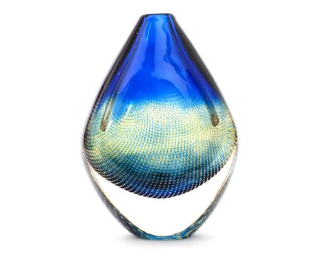 Sven Palmqvist - Orrefors - A circa 1955 Kraka vase of teardrop form cased in clear crystal over a graduated blue to green in