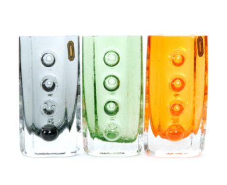 Geoffrey Baxter - Whitefriars - Three 'Traffic Light' vases, pattern 9760 in Tangerine, Meadow Green and Pewter, height 12.5c