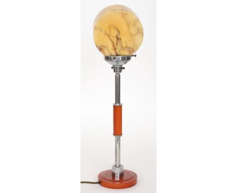 Unknown - An Art Deco table lamp with a stepped circular amber phenolic foot rising to a chrome column with phenolic central 