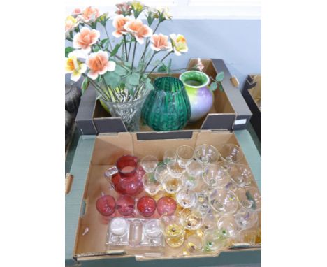 Two boxes of mixed glass, six Babycham glasses, Art Deco drinking glasses, a pair of glass vases , etc.