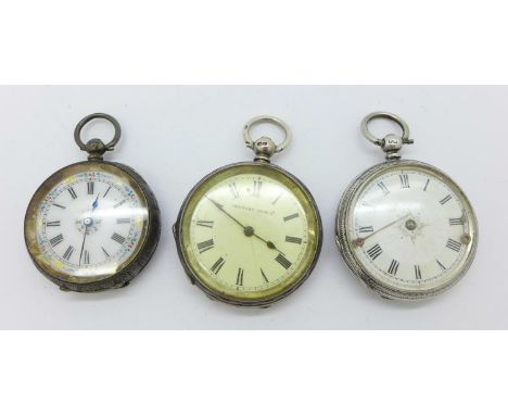 Three silver fob watches 