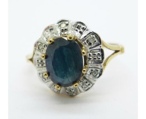 A 9ct gold sapphire and diamond cluster ring, 2.3g, R 