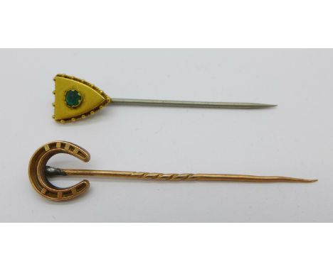 Two yellow metal stick pins, boxed 