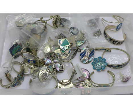 A collection of mainly mother of pearl set jewellery and an opal set boomerang brooch 