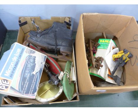 Two boxes of assorted items including two StarYacht pond yachts, a PYE car radio, a Westclox wall clock, ice skates, etc. 
