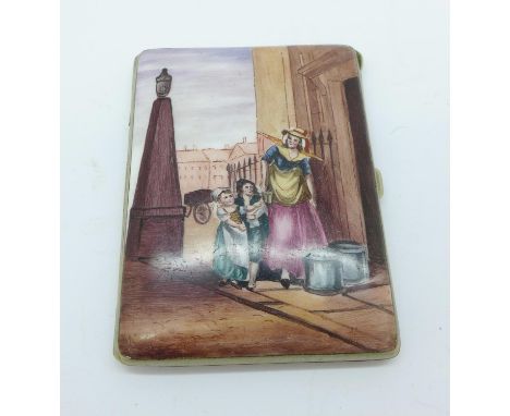 An enamelled and gilt metal cigarette case, enamel scratched