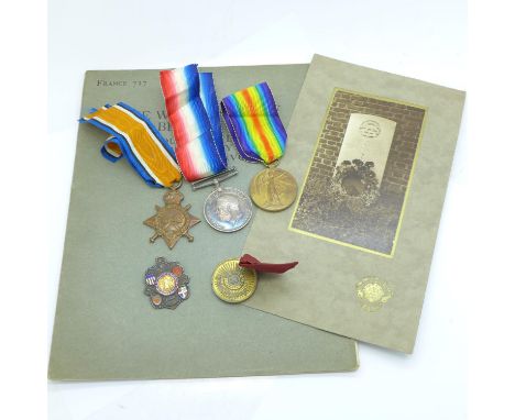 A group of WWI medals to 16465 Pte. J. H. Brown. Leic. R., a silver fob, BB medal, photograph and War Graves booklet 