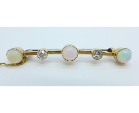 A yellow metal, opal and diamond brooch, cased, 3.7g 