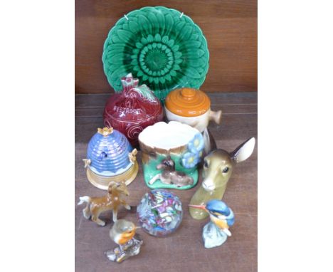 Mixed china including a Wedgwood cabbage leaf plate, Sylvac beetroot and pan scourere face pots, paperweight, two models of b