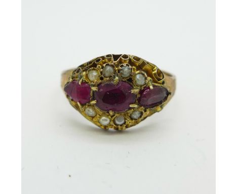 A 9ct gold, ruby and pearl ring, Chester hallmark, 1.7g, Q 