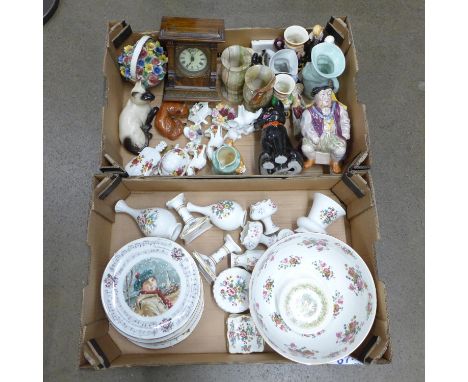 Two boxes of mixed decorative china, clock, Aynsley, Coalport ming Rose, six Royal Doulton Christmas carol plates, etc. 