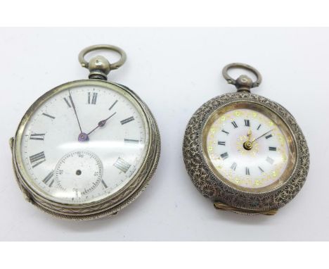 Two silver cased fob watches, one with decorative dial 