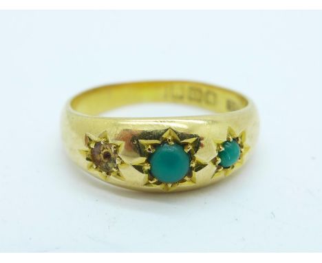 An 18ct gold and turquiose ring, lacking one stone, 4.3g, K/L 