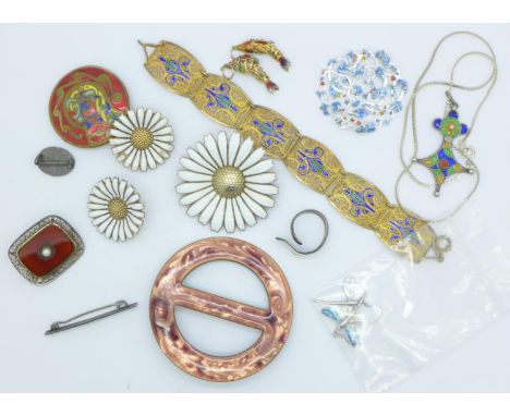 A pair of Danish silver and enamel earrings, a/f, a similar silver and enamel brooch, not marked Denmark, a Daniel Vior penda
