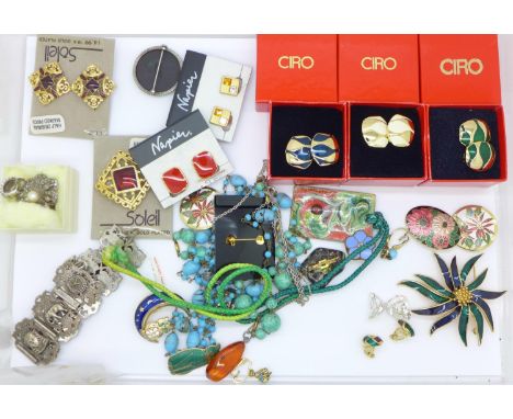 An Egyptian revival bracelet, three pairs of Gro earrings, Napier earrings, other enamel brooches, etc. 