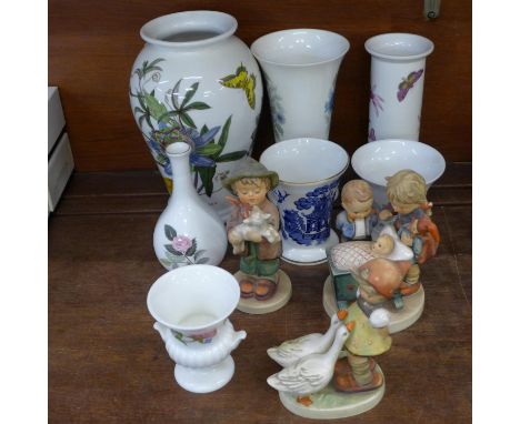 Two Portmeririon vases, three Goebel figures, a/f, four Wedgewood vases and a Coalport vase 