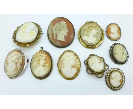A collection of gilt metal and silver framed cameo brooches 