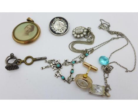 A gilt metal photograph locket, a silver Royal Engineers brooch, etc. 