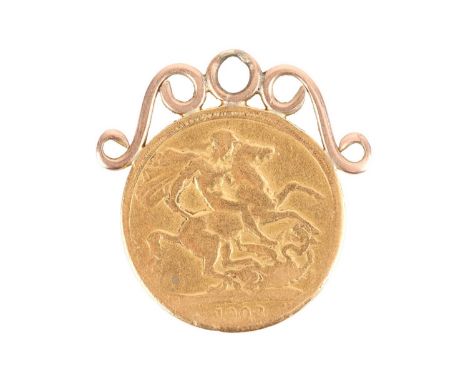 A mounted double sovereign pendant, consisting of a heavily worn Edward VII double sovereign, dated 1902, soldered with a scr