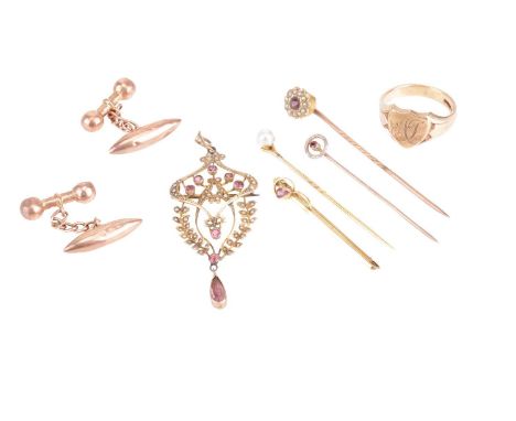 A small collection of jewellery items including a 9ct yellow gold shield signet ring, a pair of 9ct gold cufflinks, a gem-set