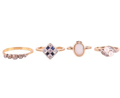 Four gem-set rings comprising an 18ct gold sapphire and diamond ring, size O, a 9ct gold cultured pearl and diamond-set twist