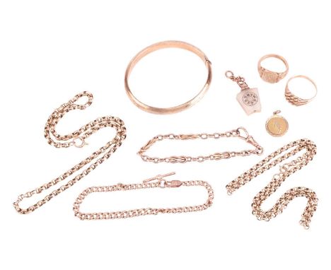 A collection of jewellery items including a 9ct gold curb link bracelet with attached T-bar, a 9ct gold belcher link necklace