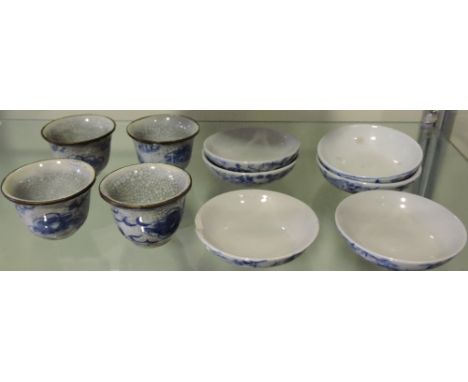 A set of six blue and white ceramic teabowl saucers from the Rex Hotel, Saigon, together with 4 Chinese blue and white teabow