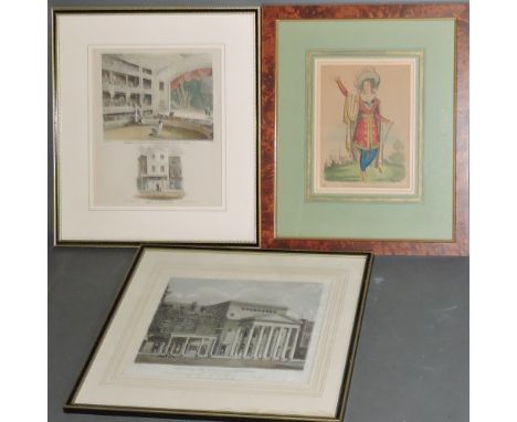 A coloured engraving 'Arena at Astley's Amphitheatre, Surrey Road, 30cm x 25cm; together with four similar and other theatric