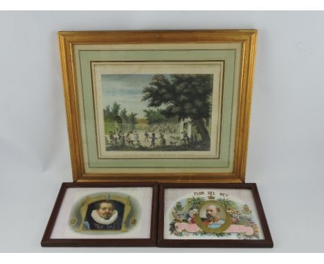 19th century French coloured print, Revellers at Fontainebleau, together two further coloured prints. (3)