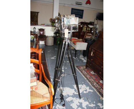 A vintage style chrome studio type standard lamp the rectangular light box on ebonised tripod, H:170cm