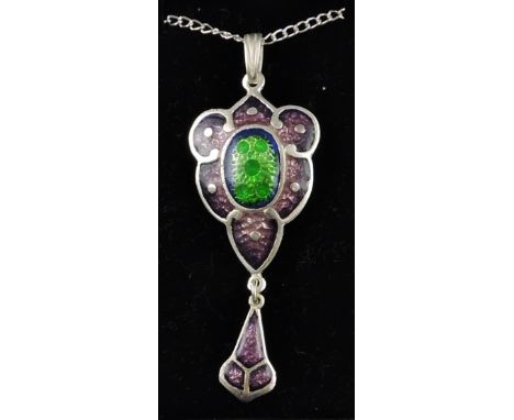 A white metal and enamel pendant necklace, with panels of green mauve, the reverse stamped Sterling, on a fine link chain.