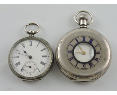 A silver cased half hunter pocket watch, the enamel dial with Roman numerals and subsidiary second dial, together with a silv