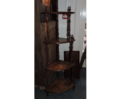 A late Victorian walnut and inlay four tier etagere, with quadrant shelves and turned a spiral twist supports, H. 150cm, toge