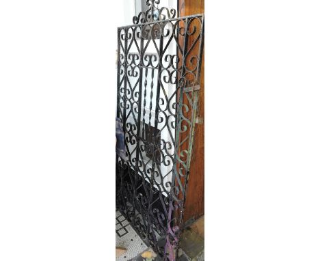 A wrought iron garden gate decorated with scroll heart motifs, 178cm x 84 cm