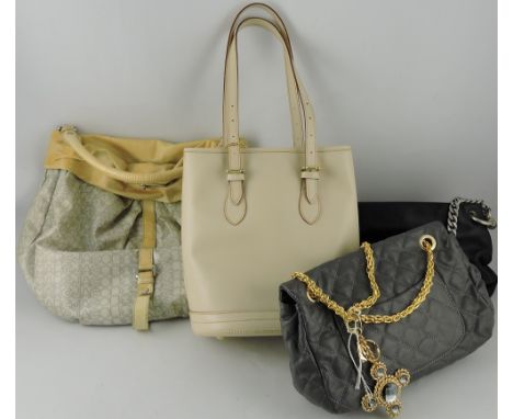 A cream leather bucket shaped handbag, with matching purse, together with a grey quilted handbag and two others, (4).