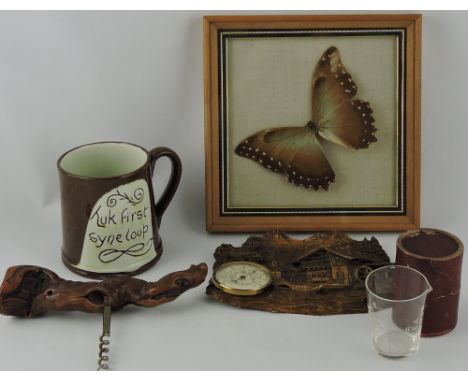 An earthenware frog mug, together with a corkscrew, thermometer, framed moth and measuring glass, (5).