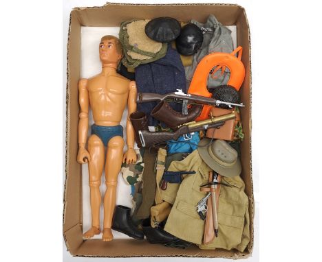 Palitoy Action Man vintage, unboxed group to include undressed flock hair, gripping hands, dynamic body figure plus various a