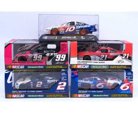Scalextric, a group of 1:32nd scale Nascar - Ford Taurus Slot Cars to include (1) C2208 Rusty Wallace #2; (2) C2217 Exide Bat