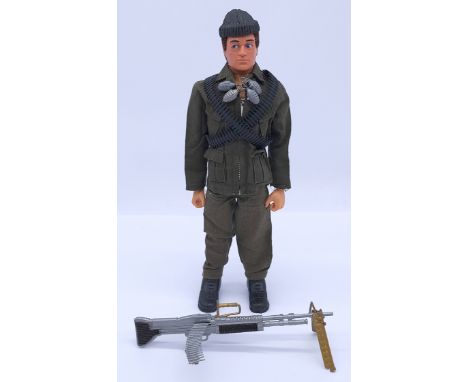 Palitoy Action Man vintage loose Commando figure, dark flock hair, gripping hands, dynamic body, wearing jacket, trousers, bo