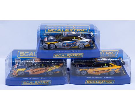Scalextric Ford FG Falcon Group, 1:32nd Scale Cars to include (1) C3076 - Orrcon Steel; (2) C3077 Dunlop Super Dealer; (3) C3