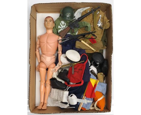 Palitoy Action Man vintage, unboxed group to include undressed painted head, plastic hands figure plus various accessories in