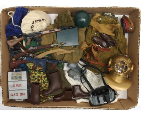 Palitoy Action Man vintage loose clothing/accessories to include guns, various part outfits, helmets/hats plus others - see p